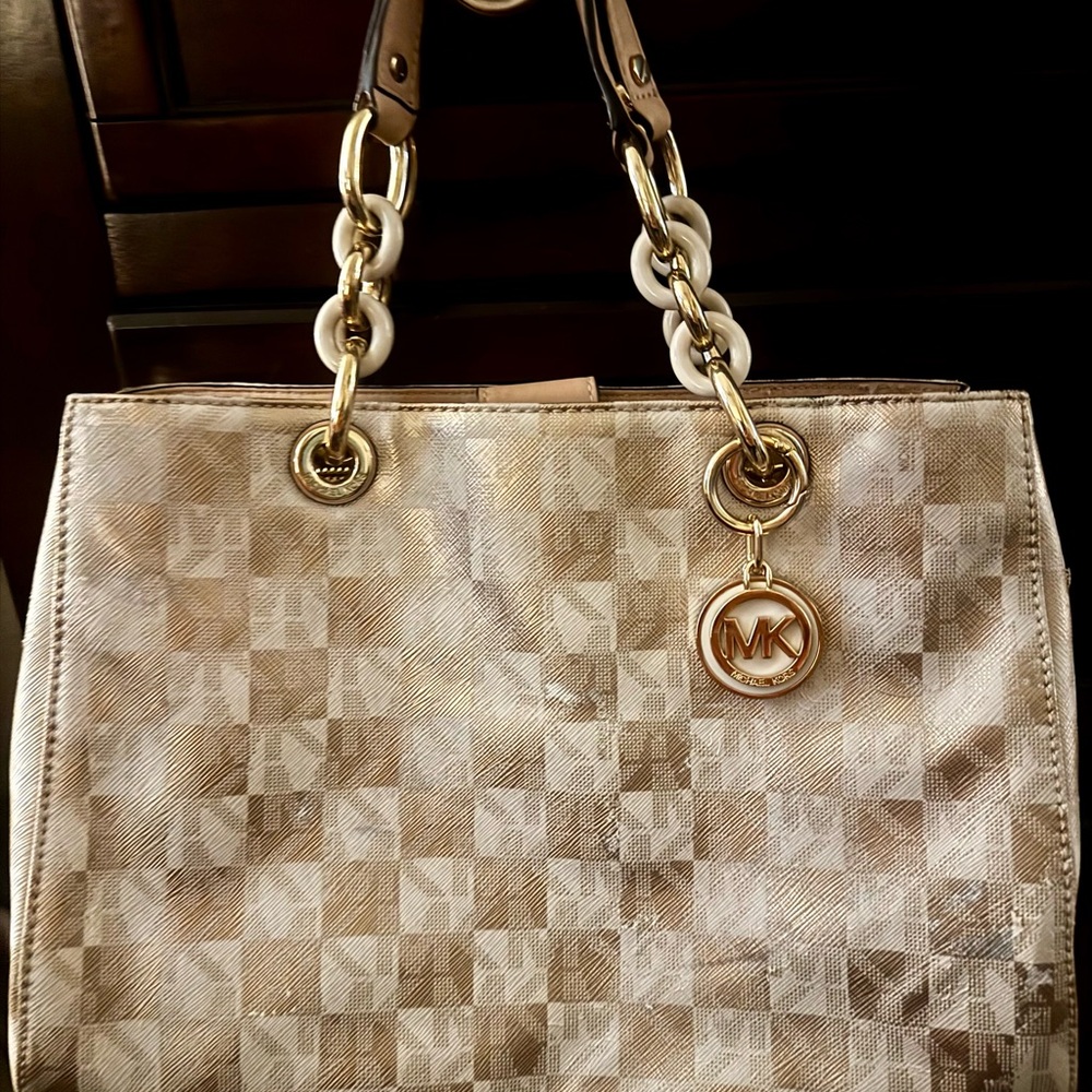 Michael Kors Metallic Gold Checker-Print Tote with MK Charm